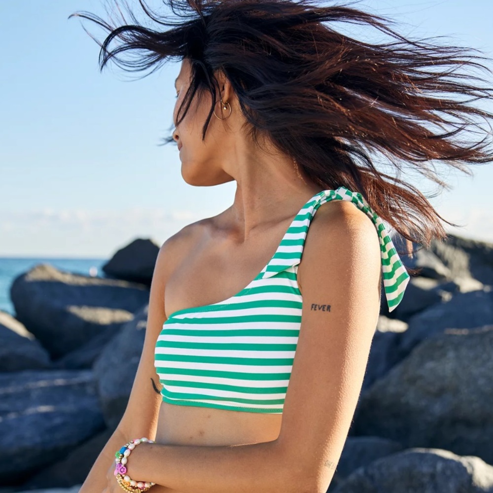 Aerie Asymmetrical Bandeau Bikini Top : Green & White Striped